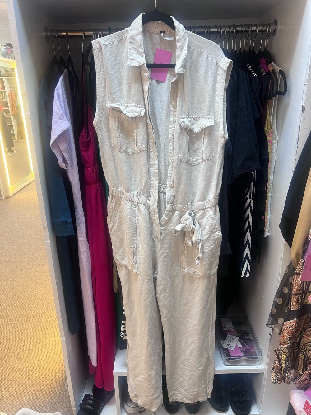 Free People, Linen/cotton Sleeveless Cream Jumpsuit